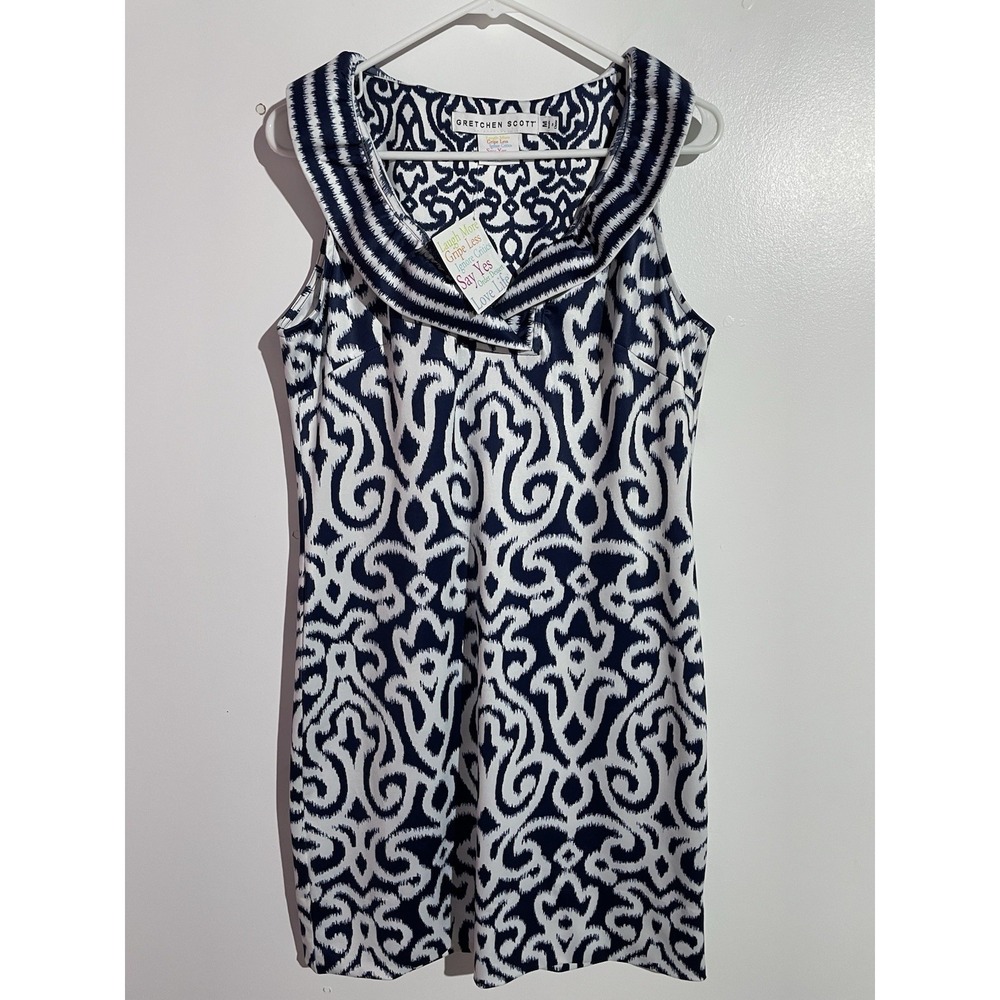 Gretchen Scott Dress M Navy Ruffneck Jersey Knit Feminine Brunch Party Travel - Picture 1 of 7